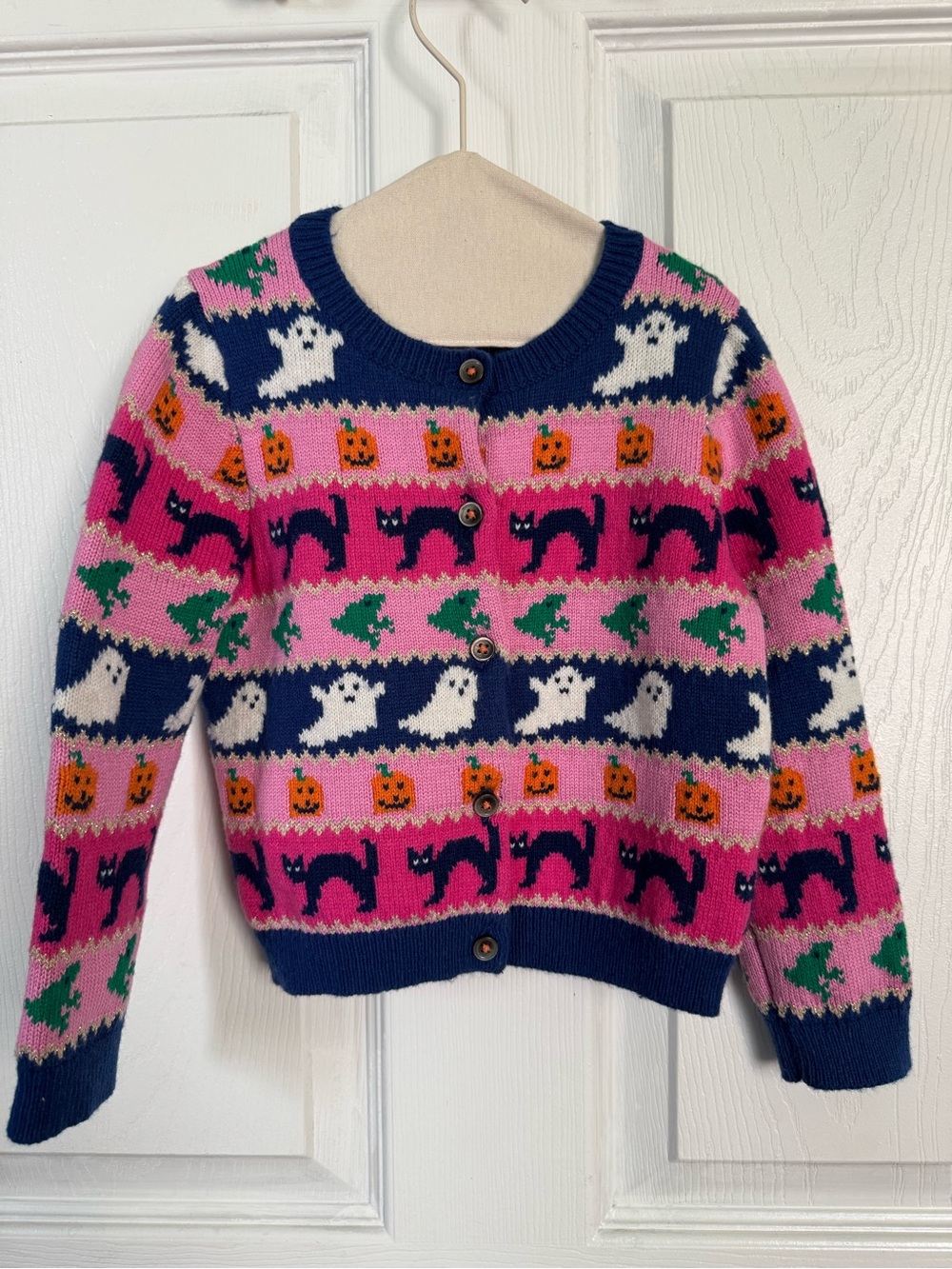 Mini Boden Pink Halloween Knit Cardigan with Navy Trim